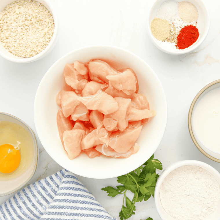 Ingredients needed for Easy Air Fryer Copycat KFC Popcorn Chicken on kitchen table.