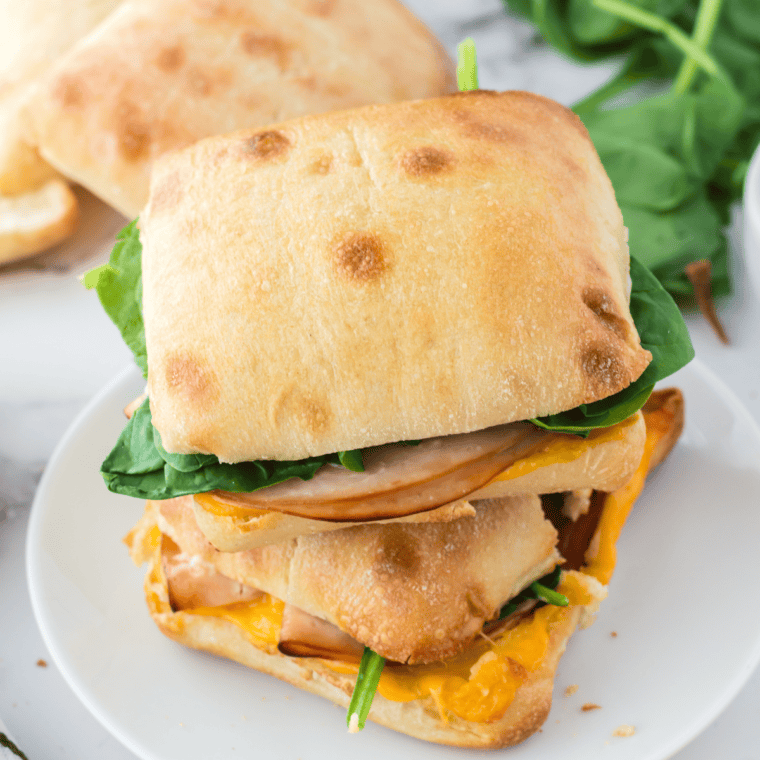 Air fryer turkey and cheese sandwich with melted cheese and crispy golden bread