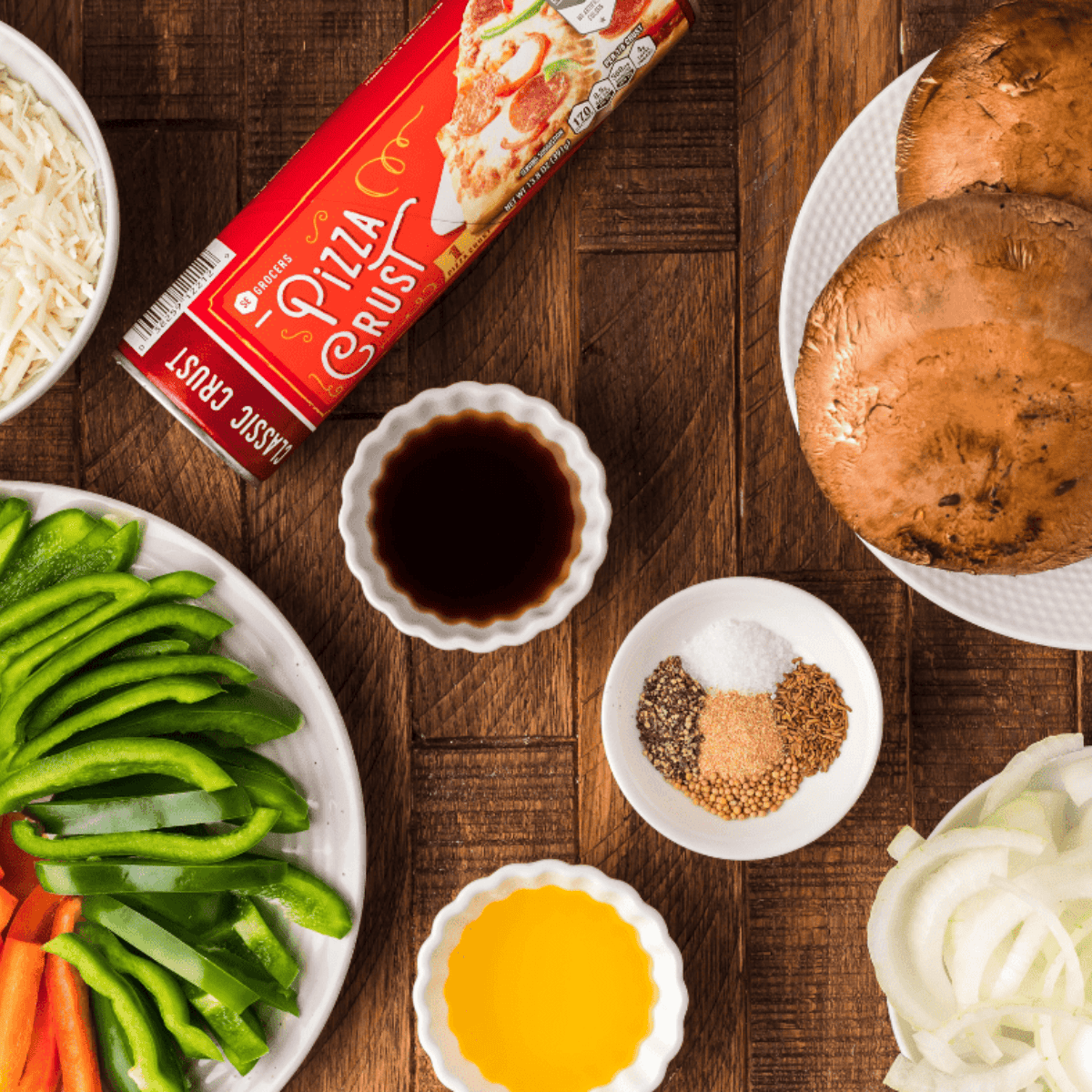 Ingredients needed for Easy Air Fryer Vegan Philly Wrap on kitchen table.