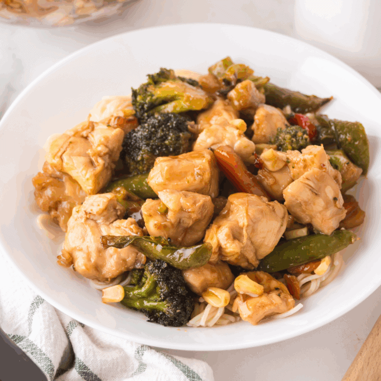 Restaurant-style chicken stir fry made on a Blackstone griddle, ready to serve