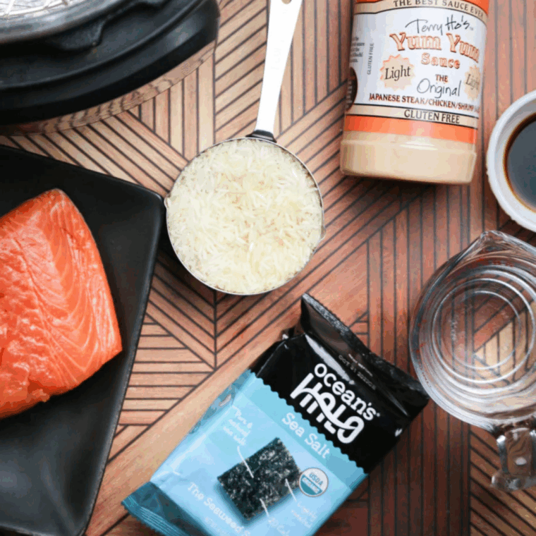 Ingredients needed for Instant Pot Salmon Sushi Recipe on kitchen table.