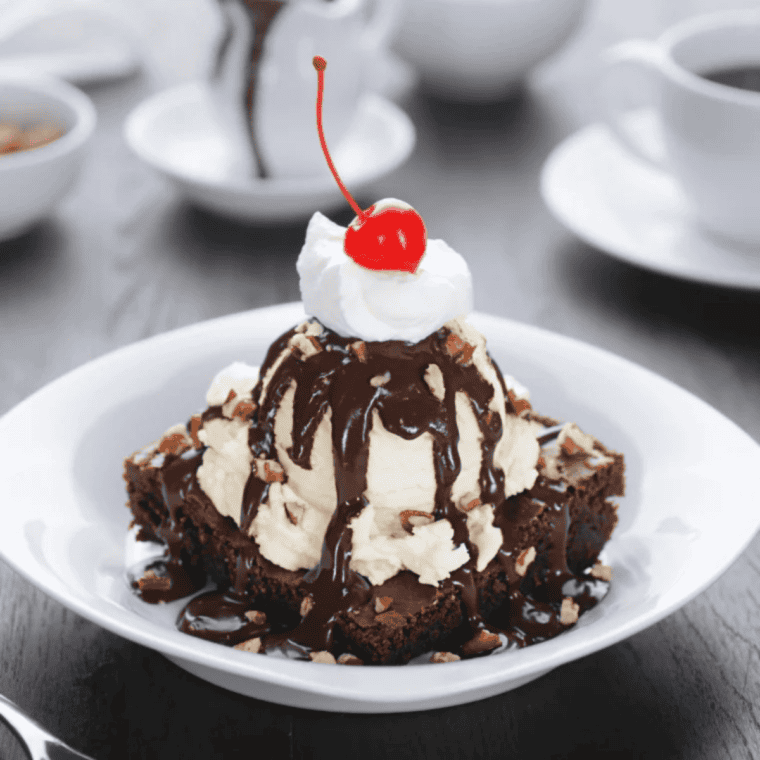 Single serving air fryer brownie in a ramekin with fudgy center and crackly top.