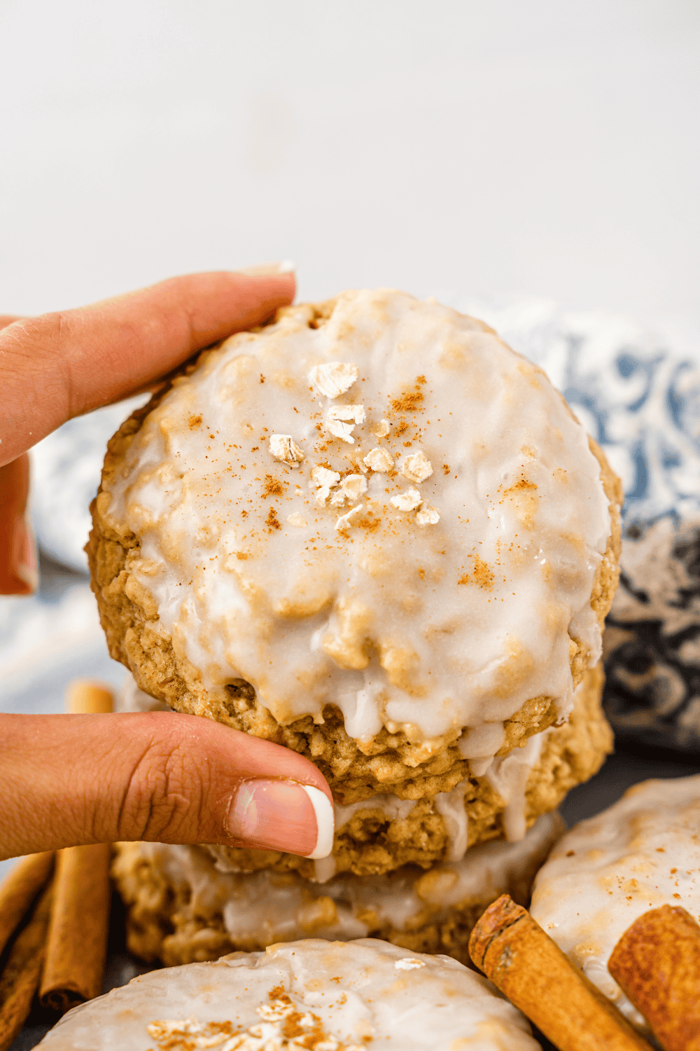 Close up of Air Fryer Copycat Crumbl Iced Oatmeal Cookies.