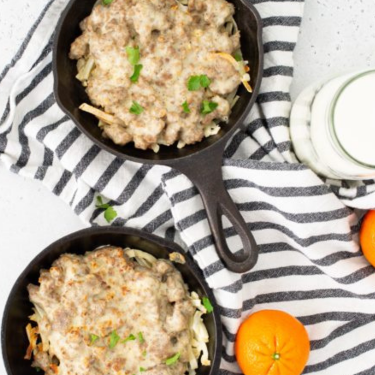Air fryer sausage gravy breakfast skillet plated hot and ready to eat