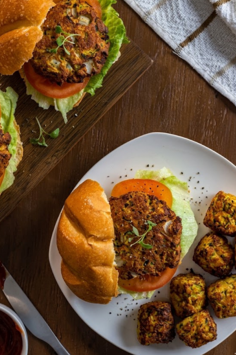 "crispy air fryer zucchini burgers golden veggie patties stacked on plate"