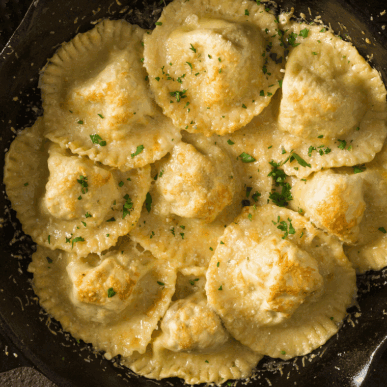 Low carb breading-free ravioli cooked crispy in the air fryer