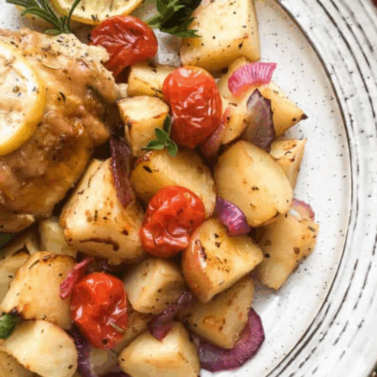 Air fryer roasted potato wedges and cherry tomatoes, golden and tender, served on a plate.