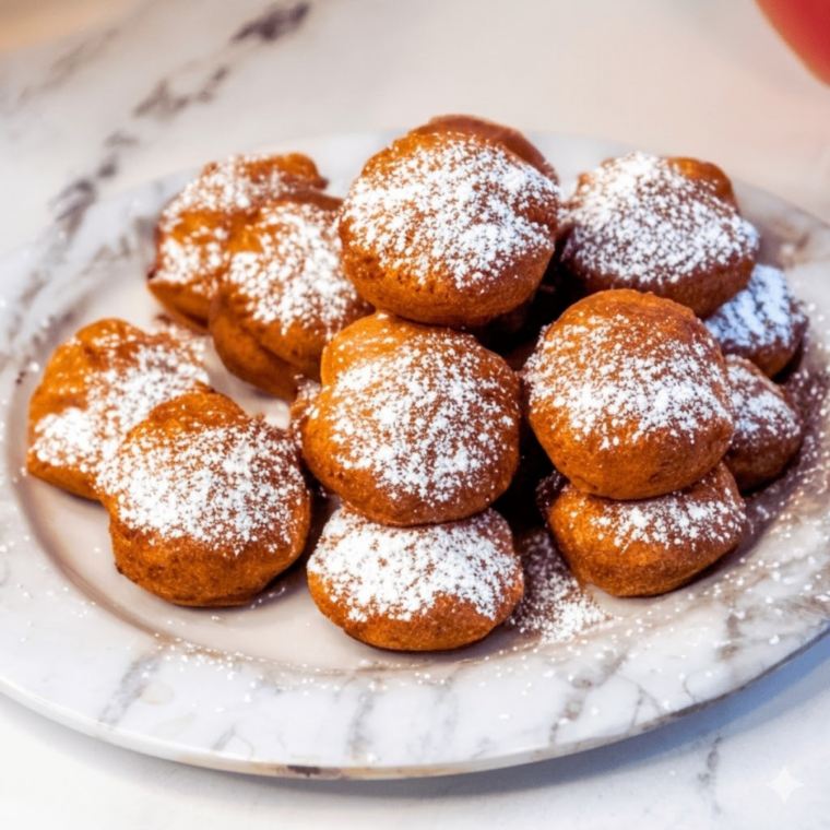 Air fryer Trader Joe’s pancake puffs served warm with maple syrup and powdered sugar