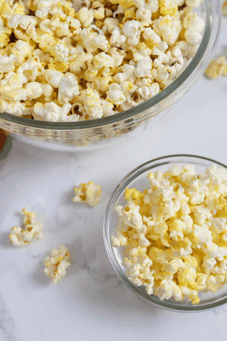 Overhead view of a bowl of crispy homemade griddle popcorn