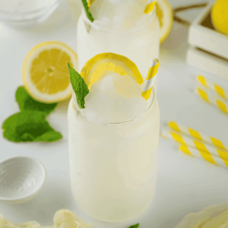 Icy Ninja Creami lemonade slushi served in a glass with fresh lemon slices