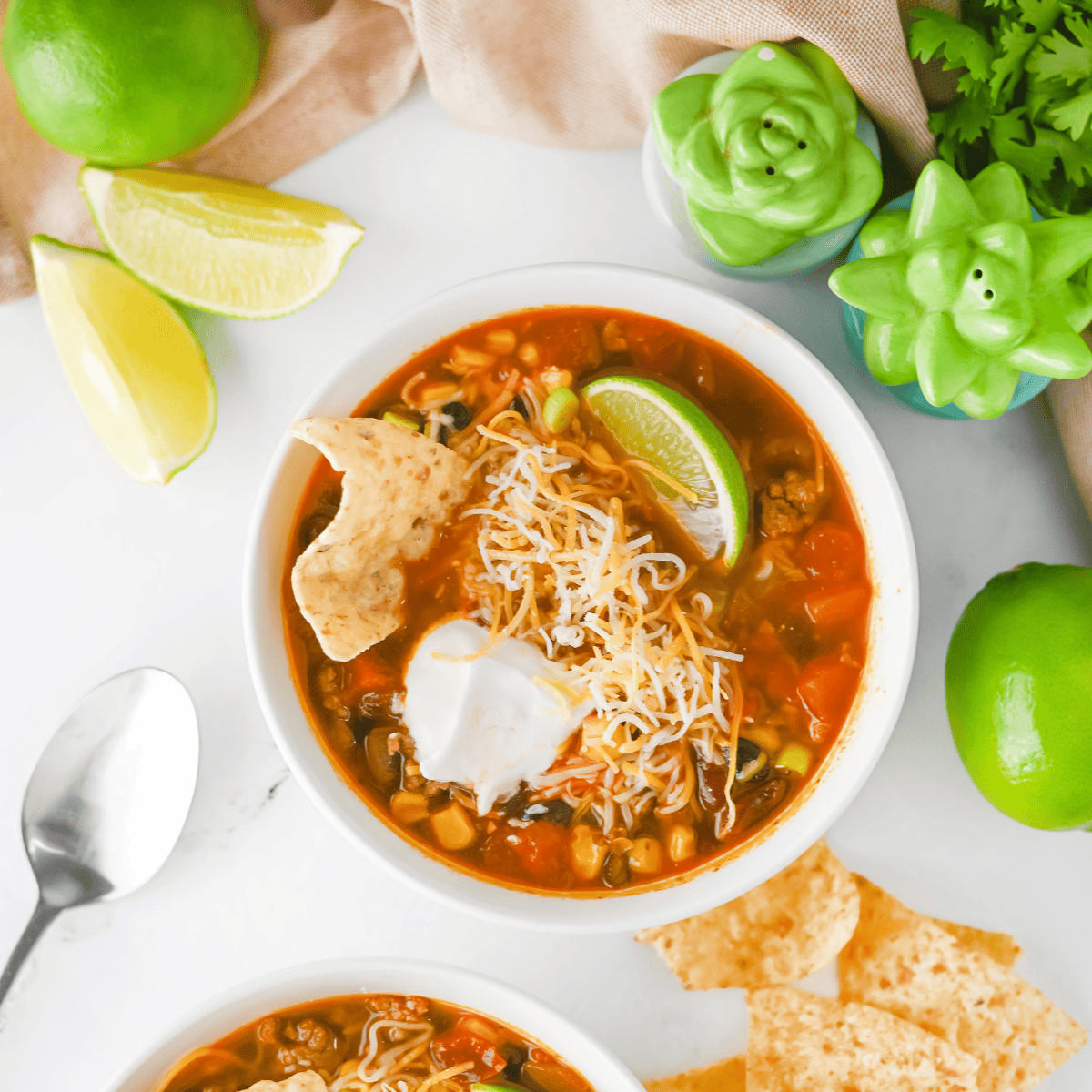 Slow cooker chicken enchilada soup in a white bowl topped with tortilla strips, avocado, and cilantro
