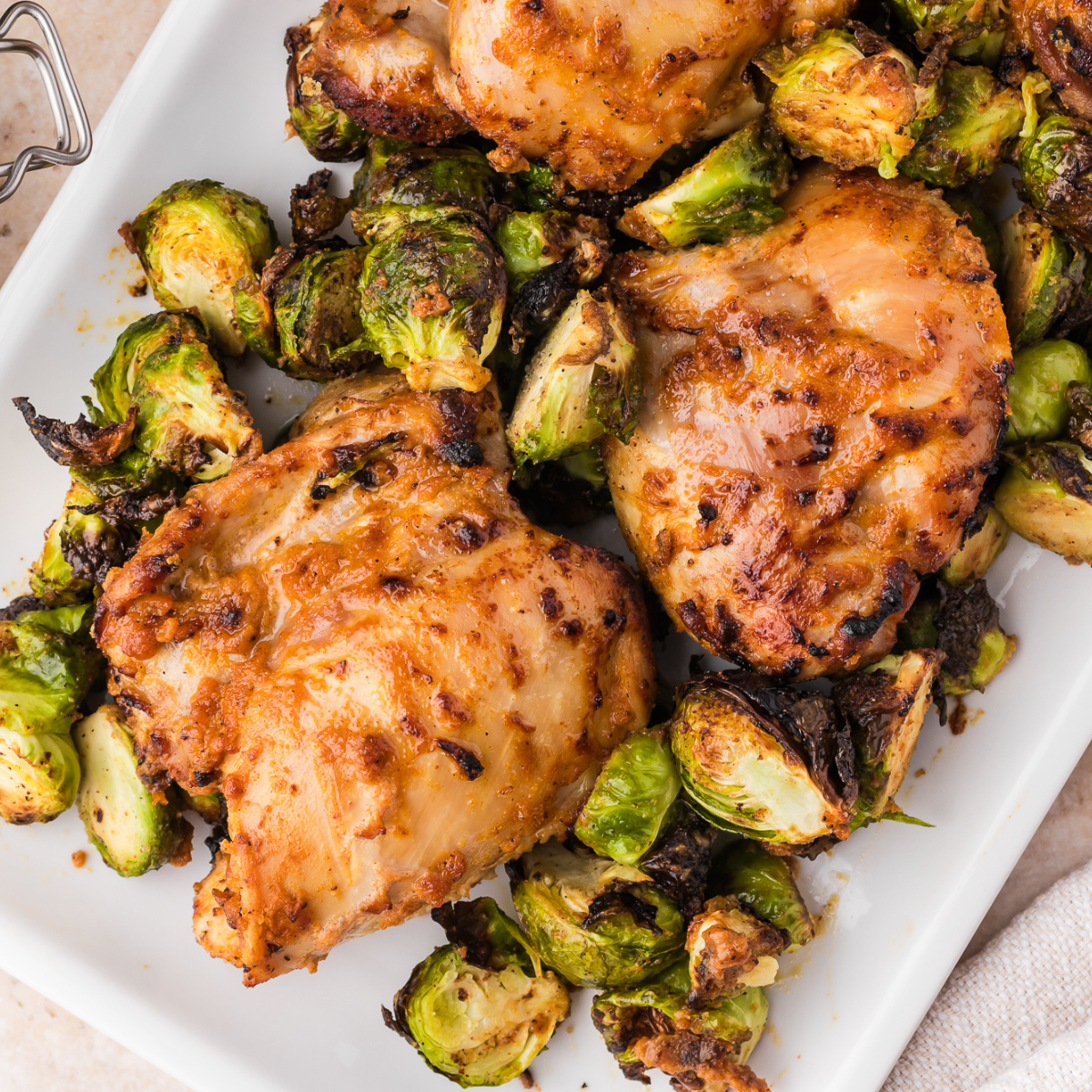 Crispy Ninja Crispi Brussels sprouts with golden caramelized edges served in the glass container