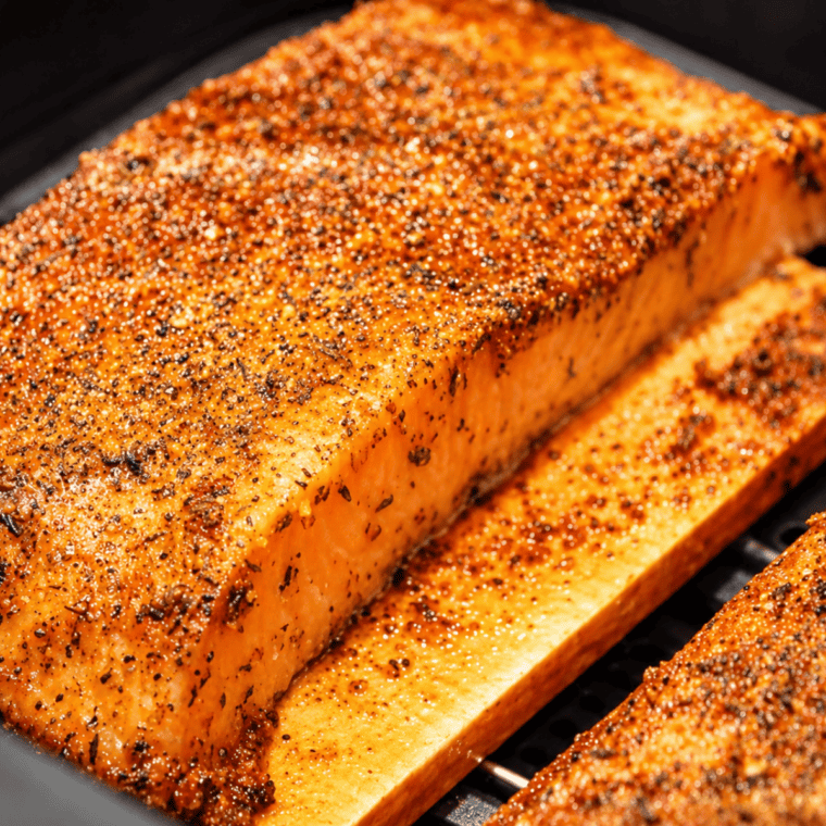 Seasoned salmon fillets cooking skin-side down on a cedar plank in the air fryer