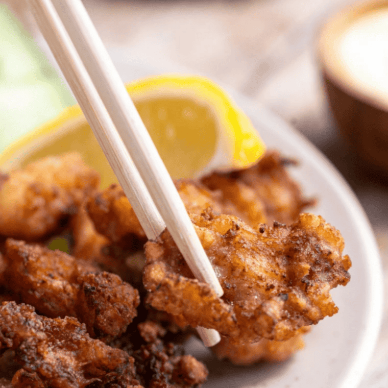 Close-up of golden brown air fryer karaage with crispy textured coating