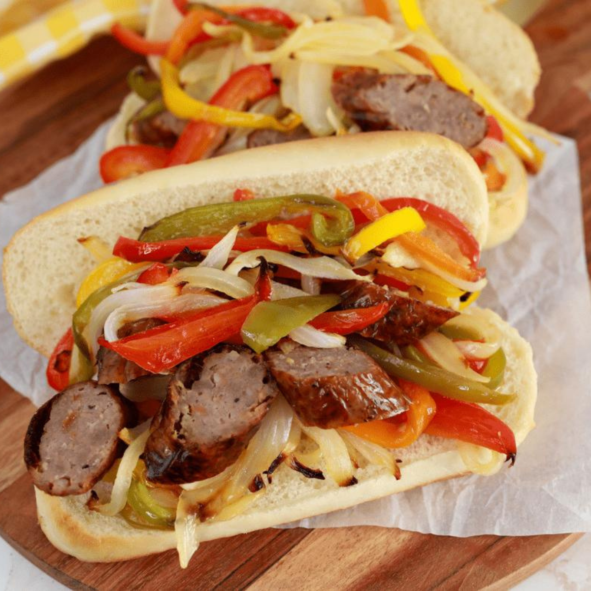Blackstone brats sizzling with grilled peppers and onions on a flat top griddle
