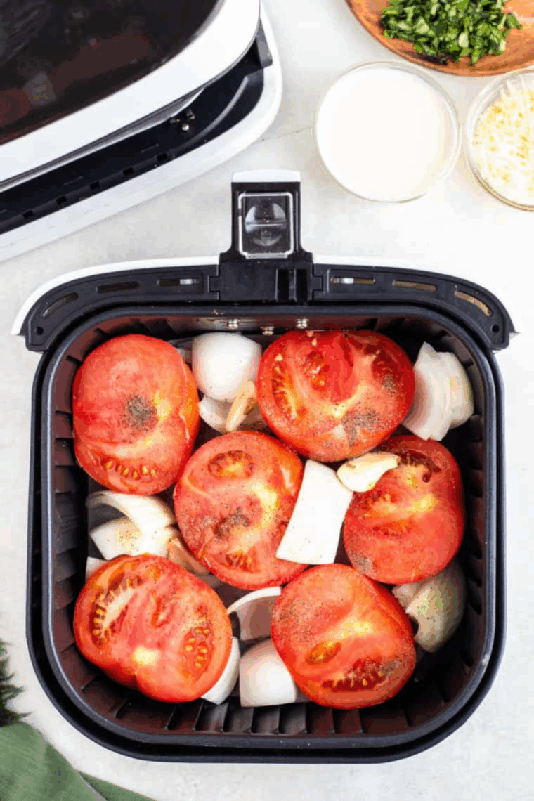 Roasting vegetables in the air fryer basket.