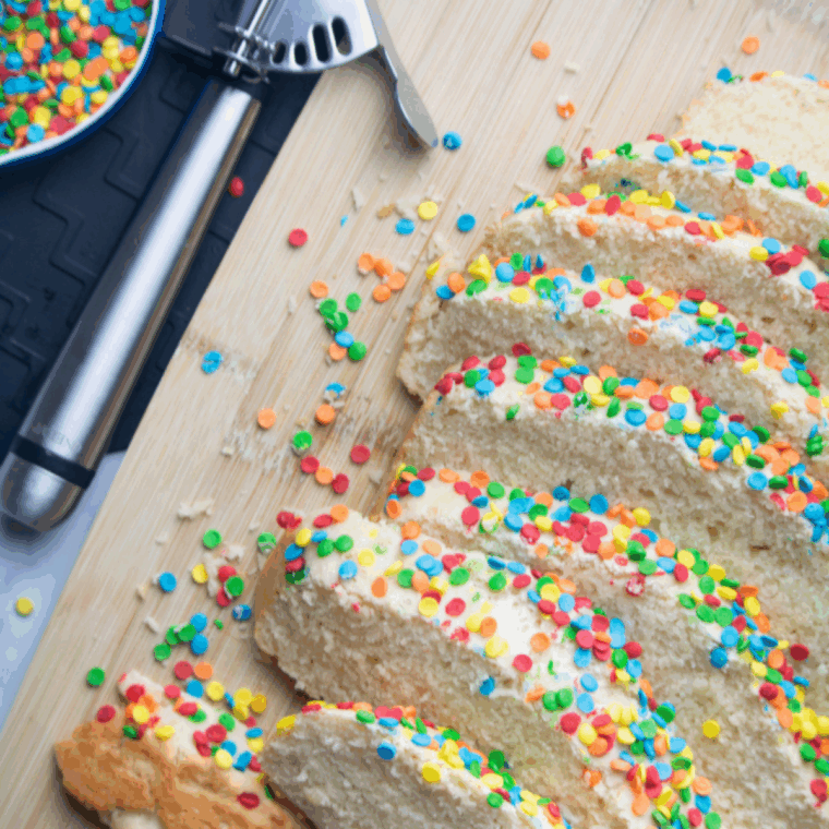 Air fryer two-ingredient ice cream bread, golden-brown loaf sliced and ready to serve