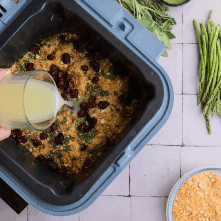 Seasoning and cooking Boston Market-style vegetable stuffing in the Ninja Speedi at 390°F using Rapid Cook setting