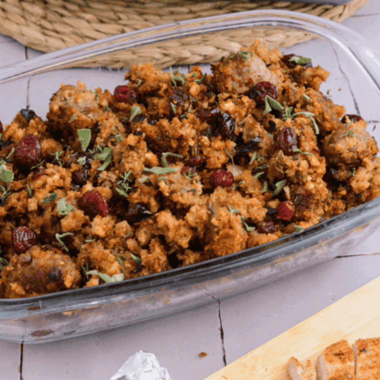 Boston Market-style vegetable stuffing with herbs, bread cubes, and tender vegetables