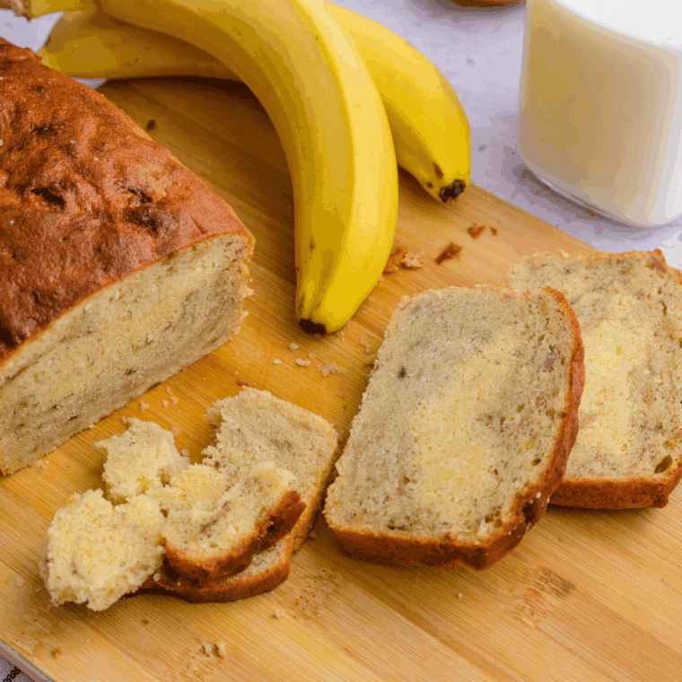 Freshly baked banana bread in a Ninja air fryer, golden and moist