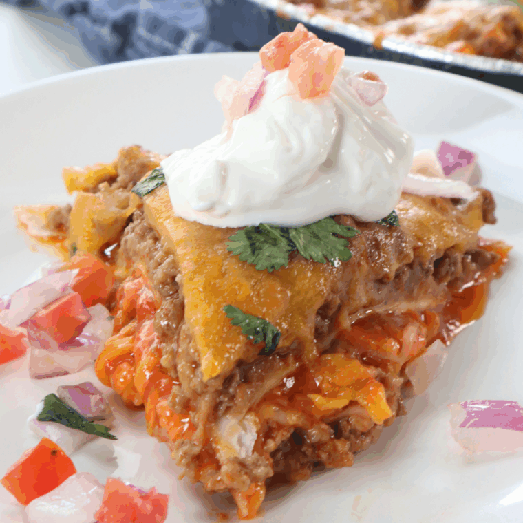 Layered Mexican lasagna ready to serve straight from the air fryer.