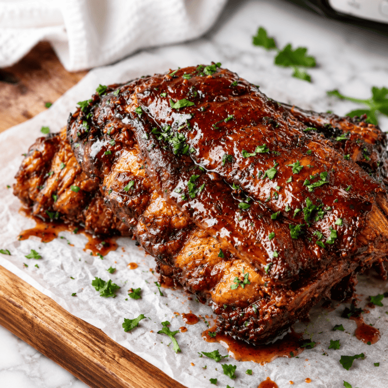 Tender slow-cooked ribs glazed with BBQ sauce in the crockpot