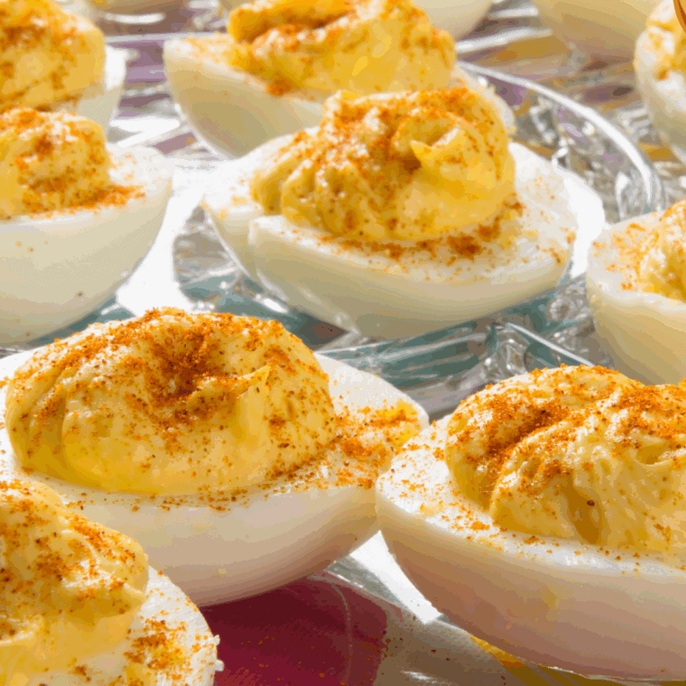 Deviled duck eggs topped with smoked paprika and fresh herbs on a serving platter.
