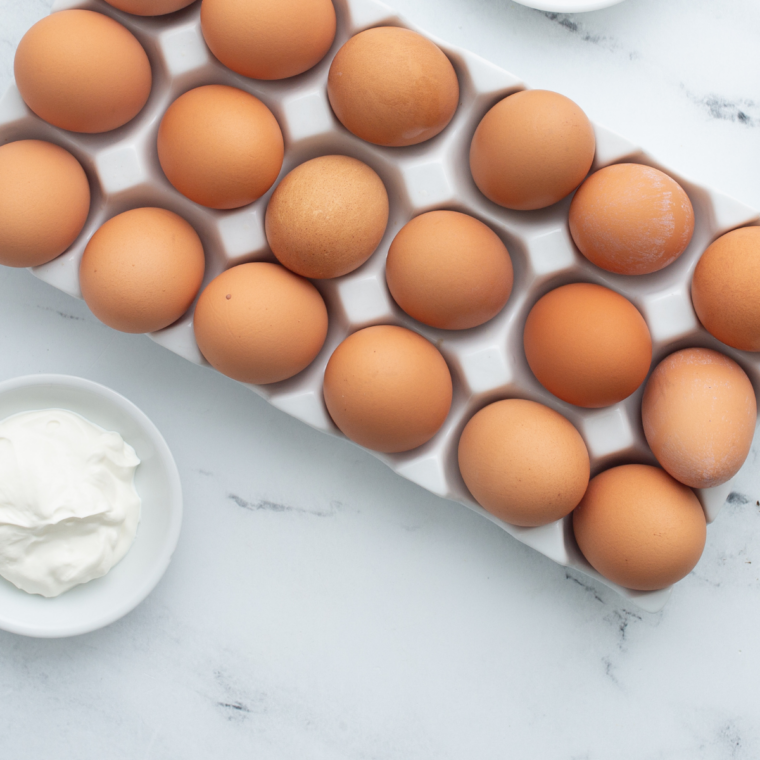 Ingredients for gluten free deviled eggs: eggs, gluten free mayonnaise, mustard, vinegar, and paprika