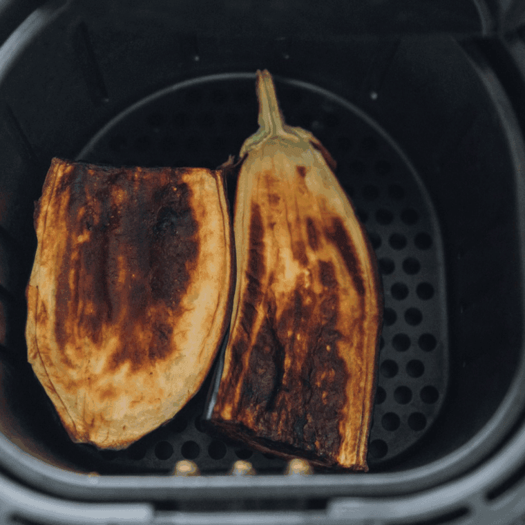Whole eggplant roasted in the air fryer, smoky and tender, ready for baba ganoush