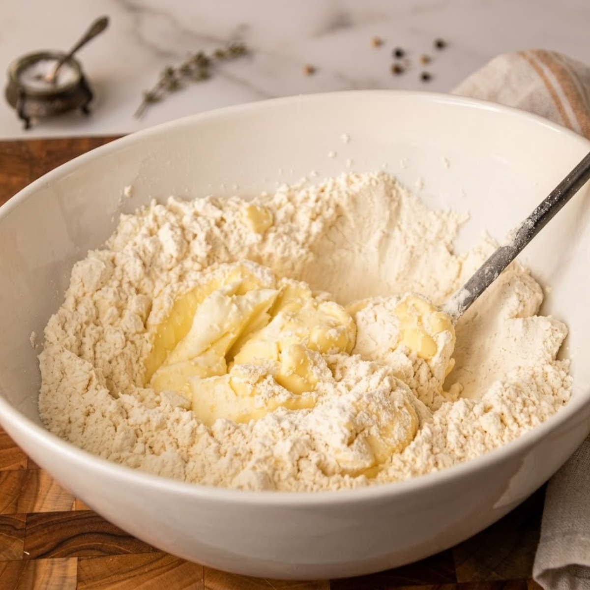 Greek yogurt and self rising flour being mixed in large bowl