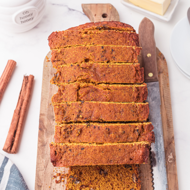 Close up of the moist tender crumb inside a slice of air fryer pumpkin bread