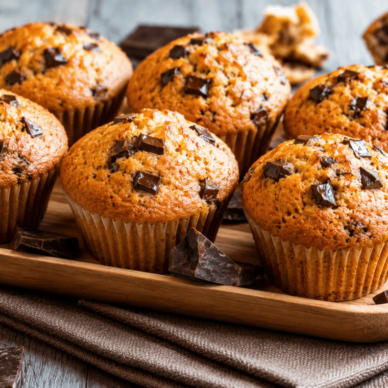 Plate of golden air fryer chocolate chip muffins fresh from the basket