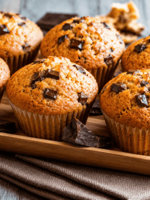 Air fryer chocolate chip muffins cooling on a wire rack with melty chocolate chips on top