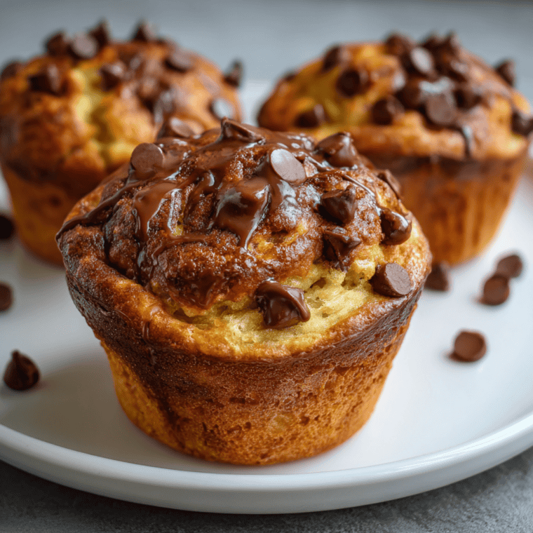 Air fryer chocolate chip muffins on a white plate with melty chocolate chips on top