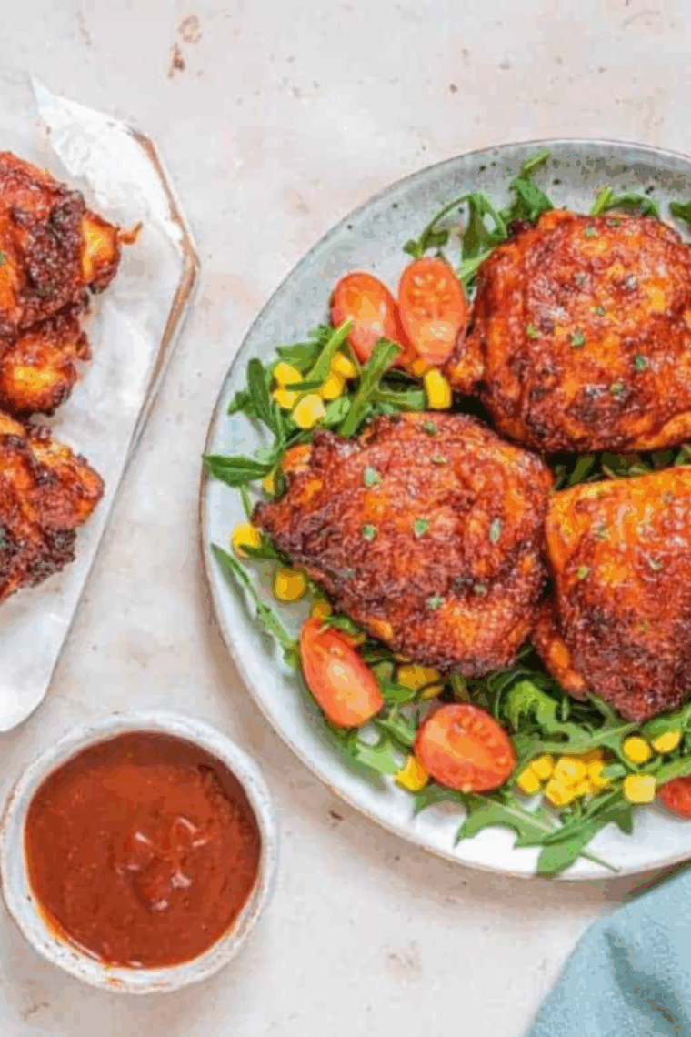 A ceramic dipping bowl filled with smooth Bojangles BBQ sauce placed next to a basket of golden-brown chicken tenders.