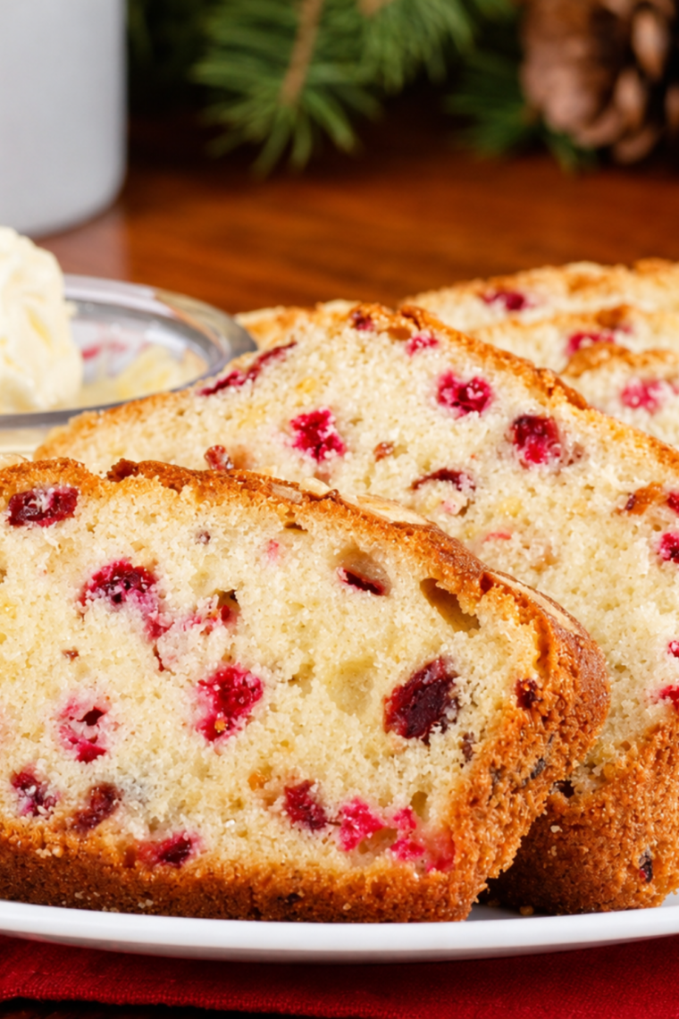 Slices of air fryer cranberry bread showing tart cranberries in a tender crumb