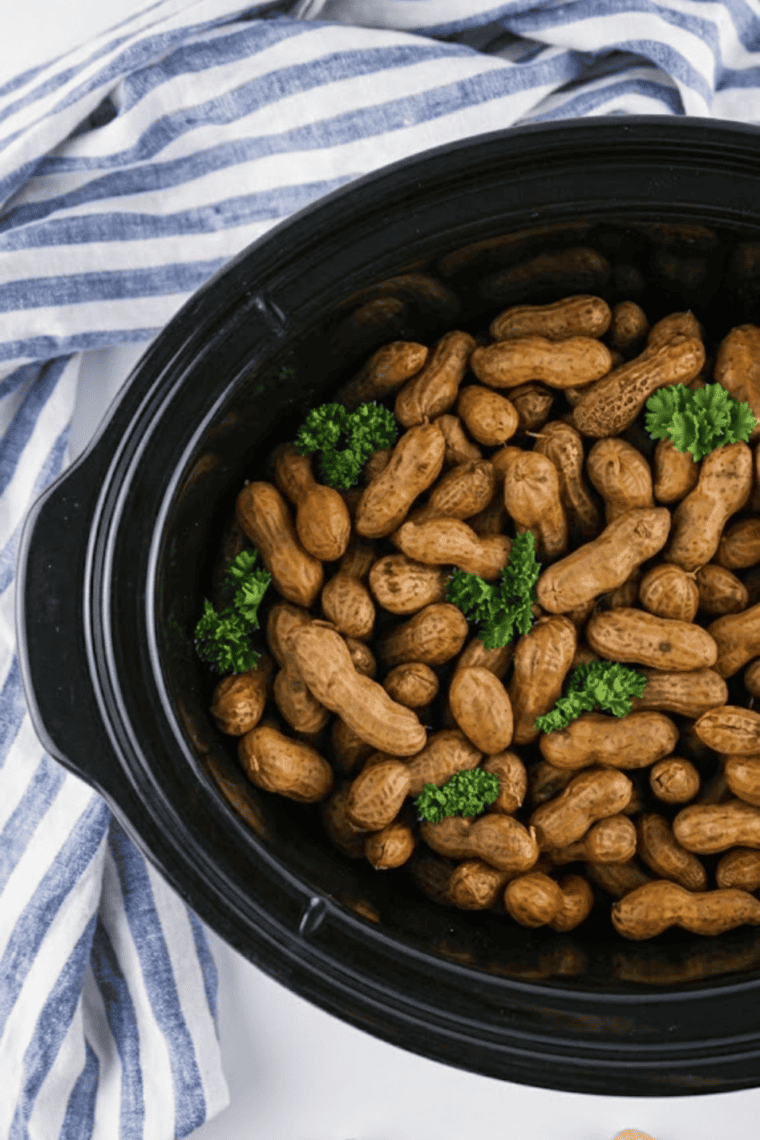 Slow cooker Cajun boiled peanuts seasoned with spices and served warm in a bowl.