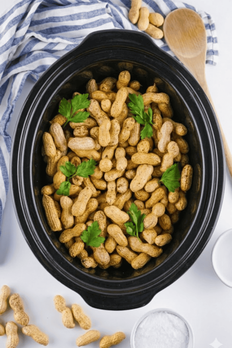 Bowl of warm, spicy Cajun boiled peanuts cooked in a crockpot.