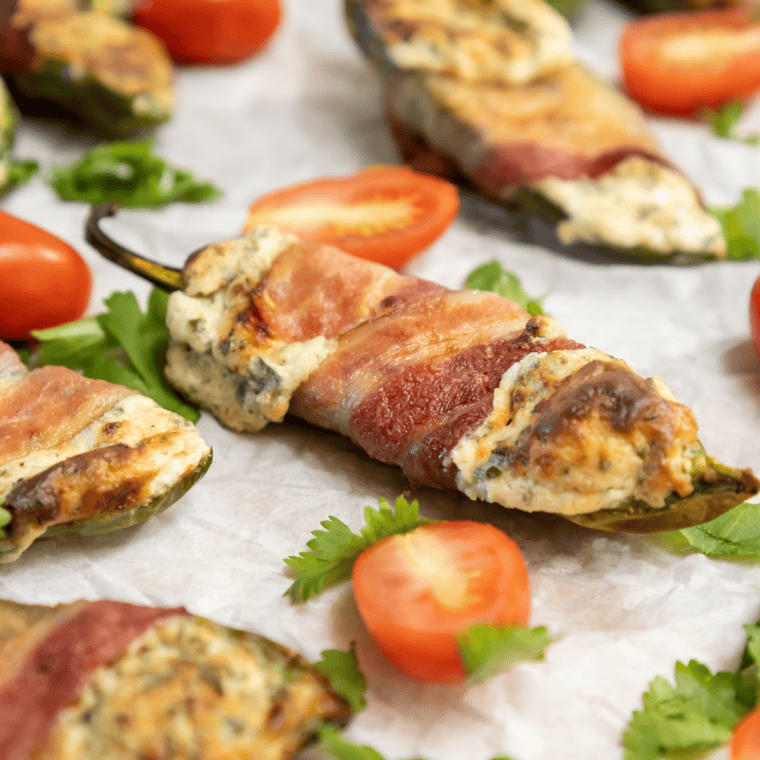Air Fryer Bacon Wrapped Jalapeno Poppers on parchment paper in the air fryer basket