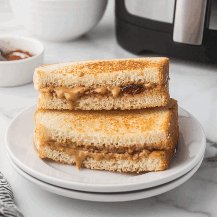 Golden brown Air Fryer Peanut Butter and Jelly Sandwich sliced in half on a plate with gooey filling showing.