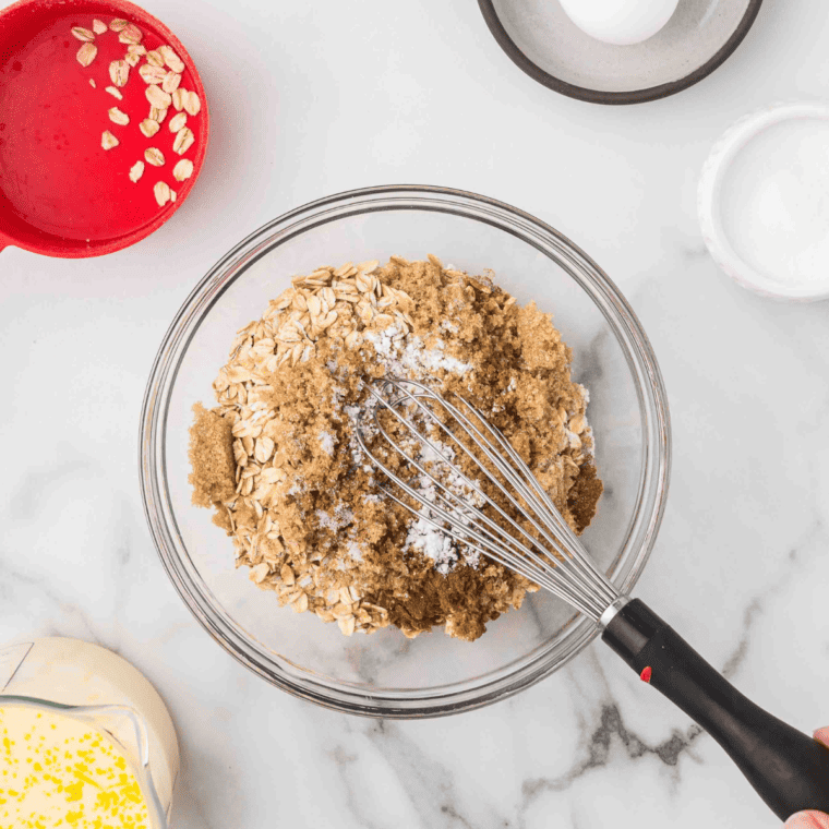 oatmeal ingredients in a large bowl, with a whisker, to be blended.