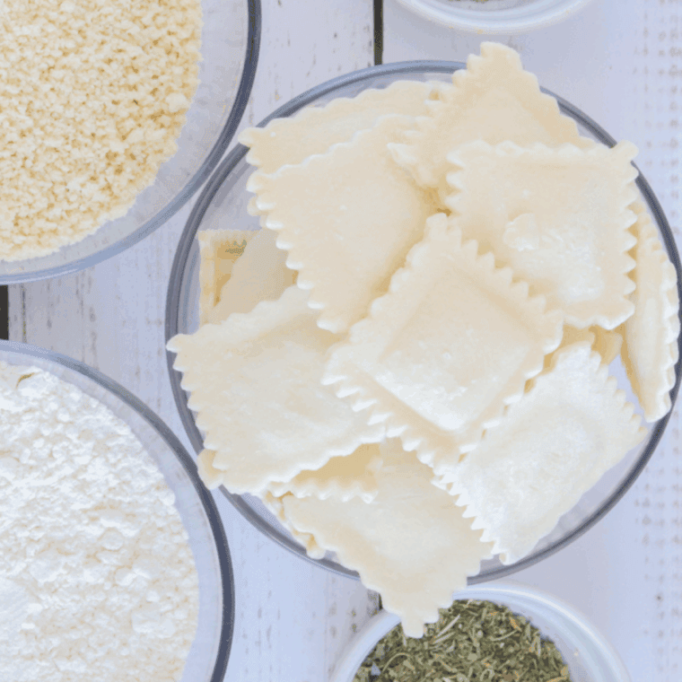 Ingredients needed for Easy Fazoli’s Toasted Ravioli on kitchen table.