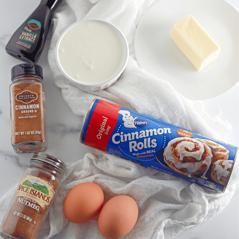Ingredients needed for Air Fryer Cinnamon Roll French Toast on table.