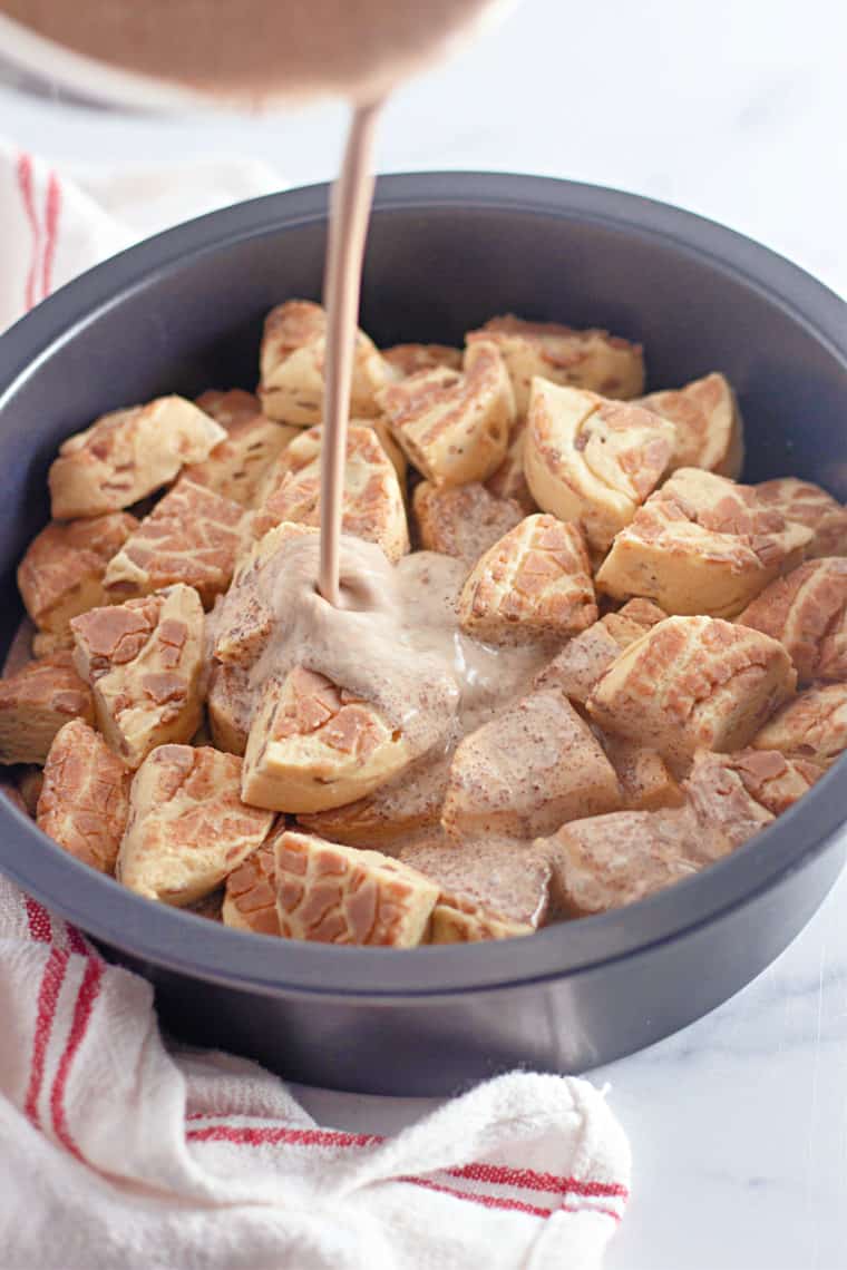Pour the batter over the cinnamon rolls. 
