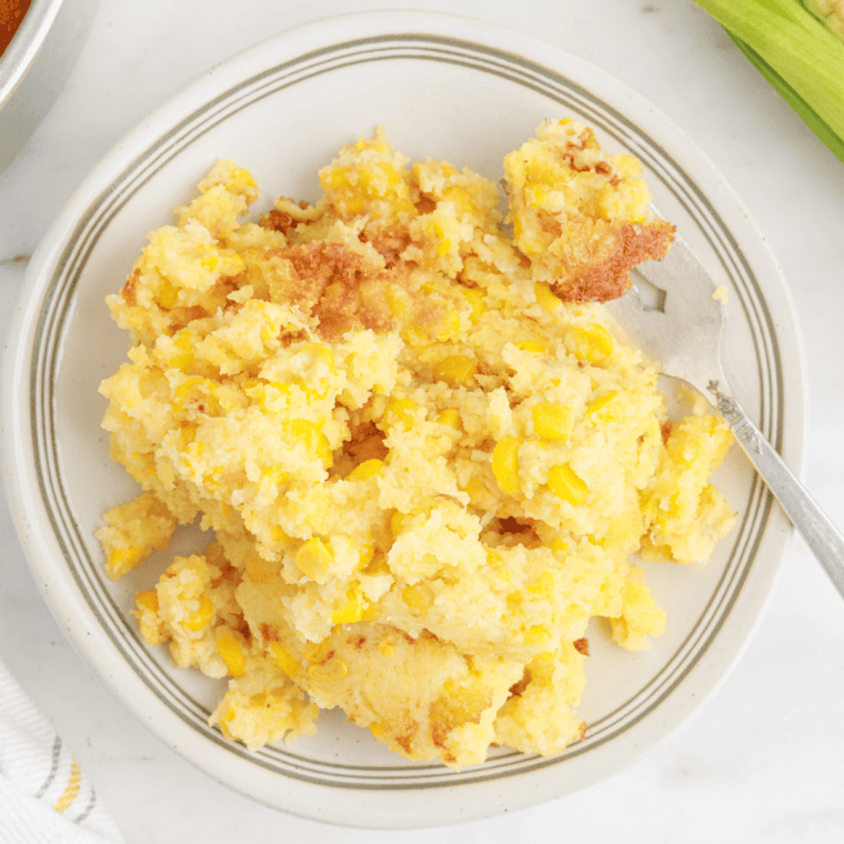Air fryer Jiffy corn casserole with a golden top and soft, creamy texture, ready to store