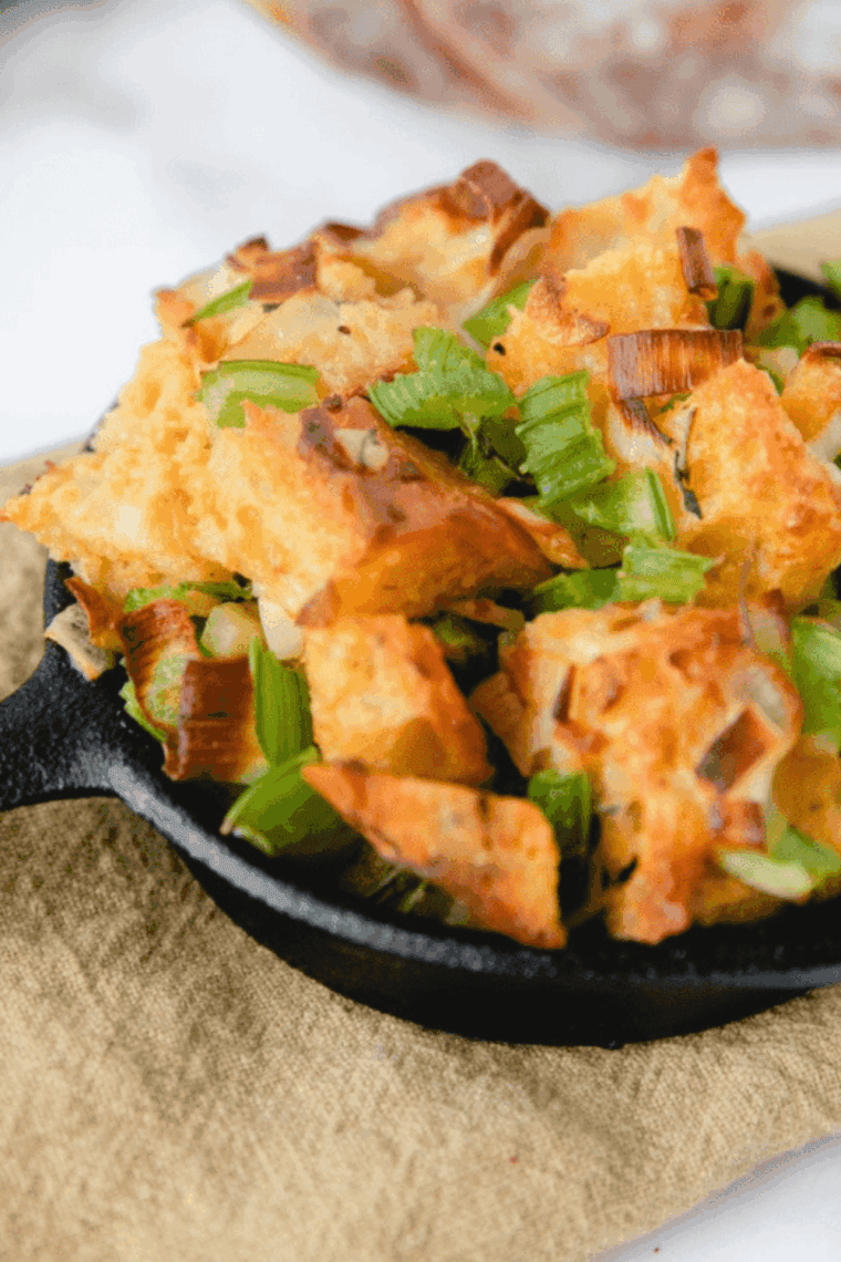 Southern air fryer cornbread dressing served on a plate for Thanksgiving