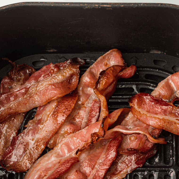 Air Fryer Maple Bacon: Crispy bacon strips drizzled with maple syrup, cooked to perfection in an air fryer
