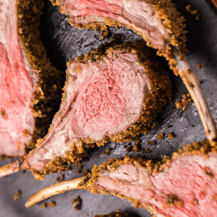 Resting air-fried rack of lamb before slicing into individual chops.