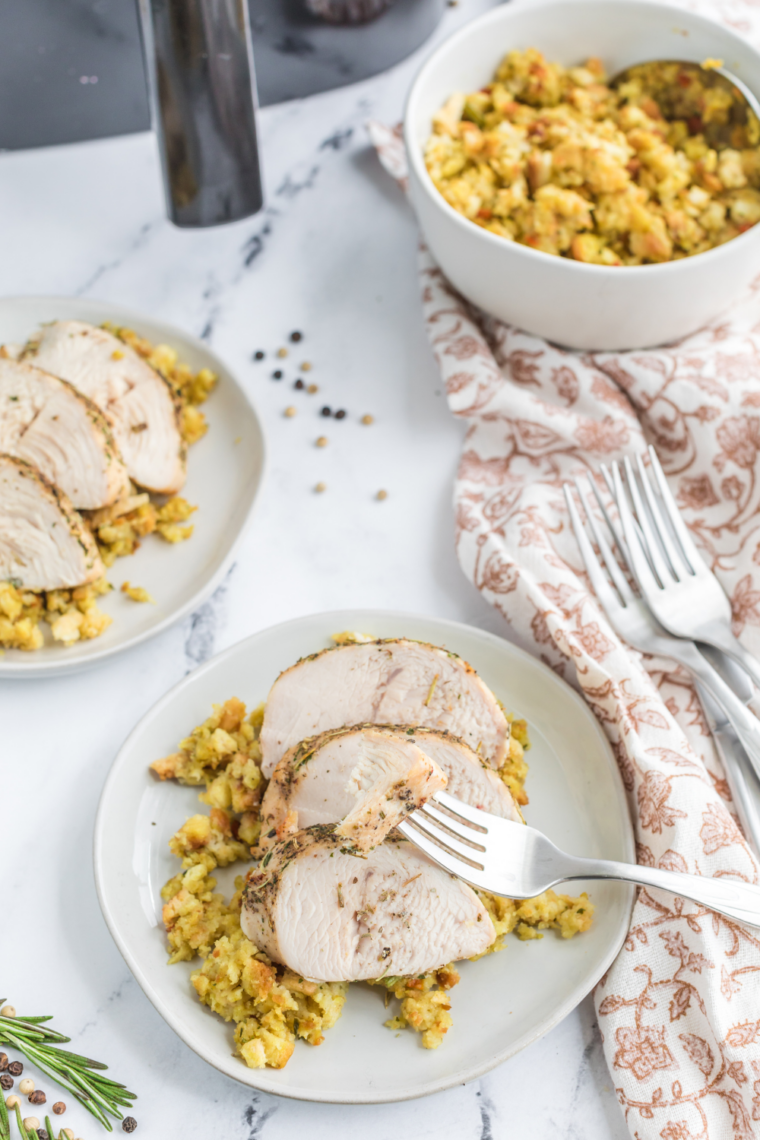 Juicy air fryer turkey cutlets with golden crispy edges served on plate sliced and ready to eat