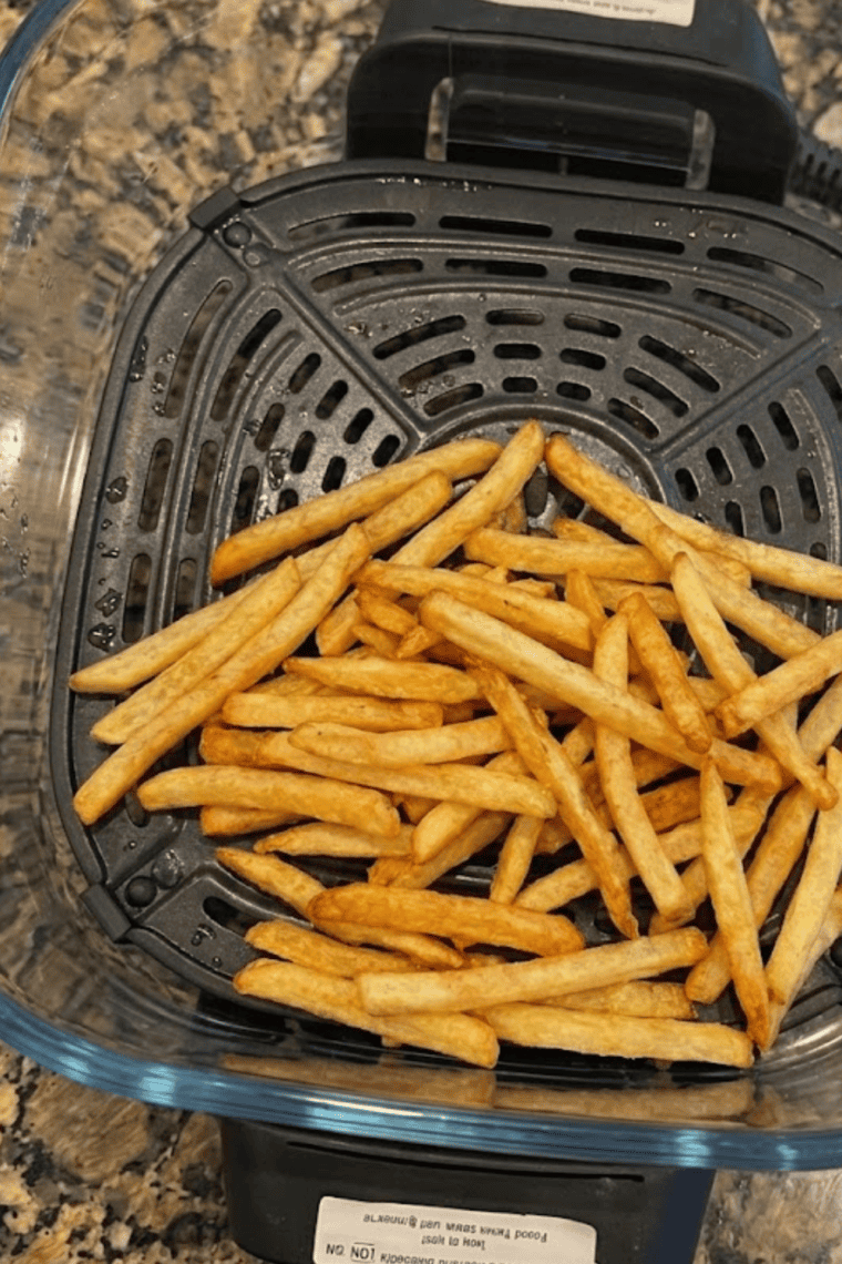 Fries arranged in a single layer inside the Ninja Crispi basket, ready to air fry at 425°F.